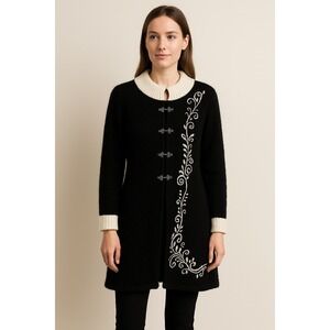 Classic Alpaca Black & White Embroidered Alpaca Wool Long Cardigan Coat Women m